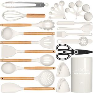 Silicone Cooking Kitchen Utensils Set, AIKKIL 28PCS White Cooking Utensils Set with Wooden Handles, Tongs, Spatula, Pasta Server, Kitchen Gadgets Tools Set For Non-Stick Cookware(BPA Free)