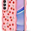 Compatible with Galaxy A15 5G Phone Case for Women Girls, Curly Wavy Frame with Cute Pattern, Aesthetic Slim Soft Silicone TPU Bumper Shockproof Phone Case for Samsung A15 - Bow Cherry