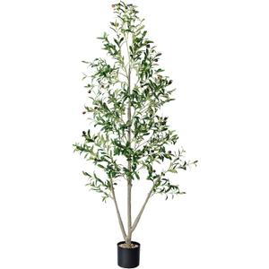 Olive Trees Artificial Indoor, 6FT Tall Faux Olive Tree with Lights, Moss and Planter, Artificial Plants Indoor with Natural Wood Trunk and Lifelike Fruits, Fake Tree for Home Office Living Room Decor