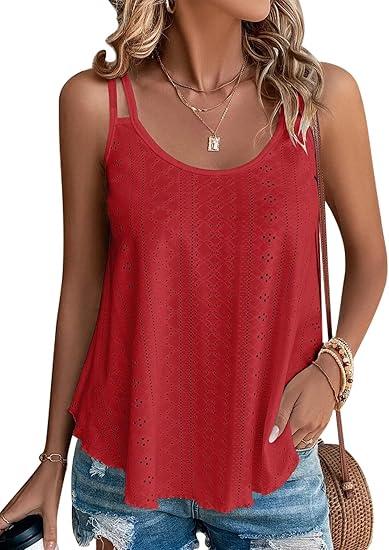 KKJ Womens Cute Tank Tops Eyelet Sleeveless Spaghetti Strap Scoop Neck Loose Casual 2025 Summer Beach Vacation Flowy Shirts, Size XL