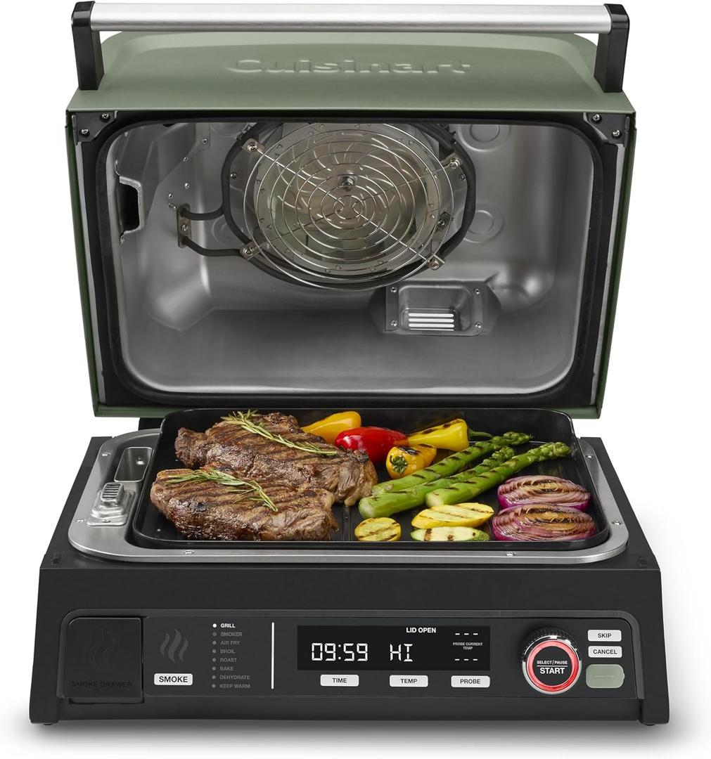 Cuisinart Outdoor Electric Grill, 8-in-1 Air Fryer/Grill/Smoker, 154 sq in
Cuisinart FlavorBoost 8-in-1 outdoor electric grill, 1800W small electric grill with air fryer & wood-pellet drawer, CEG-1302
