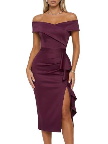 CurvySweet Women's Off the Shoulder Ruched Midi Dress with Built-in Bra Burgundy L