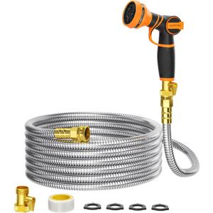 Giraffe Tools Garden Hose 50ft x 5/8", 304 Stainless Steel Metal Water Hose, No Kink Garden Water Hose with 9 Pattern Spray Nozzle, Flexible, Lightweight, Kink Free Hose for Yard, Outdoor