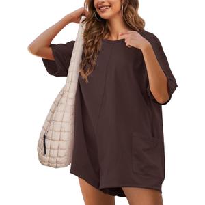 Yeokou Rompers for Women Casual Short Sleeve Oversized Athletic Workout Reversible Hot Shot Tee Romper Deep Pockets (Medium, Brown)