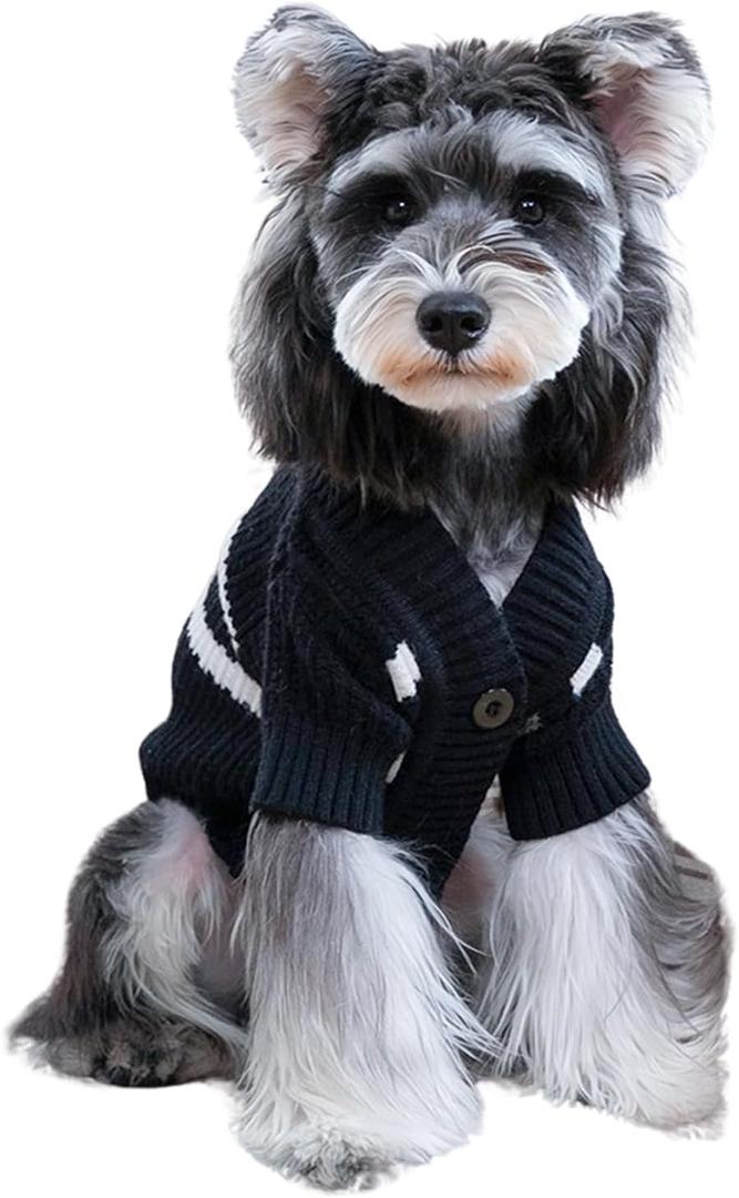 CuteBone Cardigan Striped Knitted Dog Sweater, Arctic Fleece Thermal Dog Winter Clothes for Small Dogs Boy Girl, V-Neck Pet Coat Cat Apparel,Black