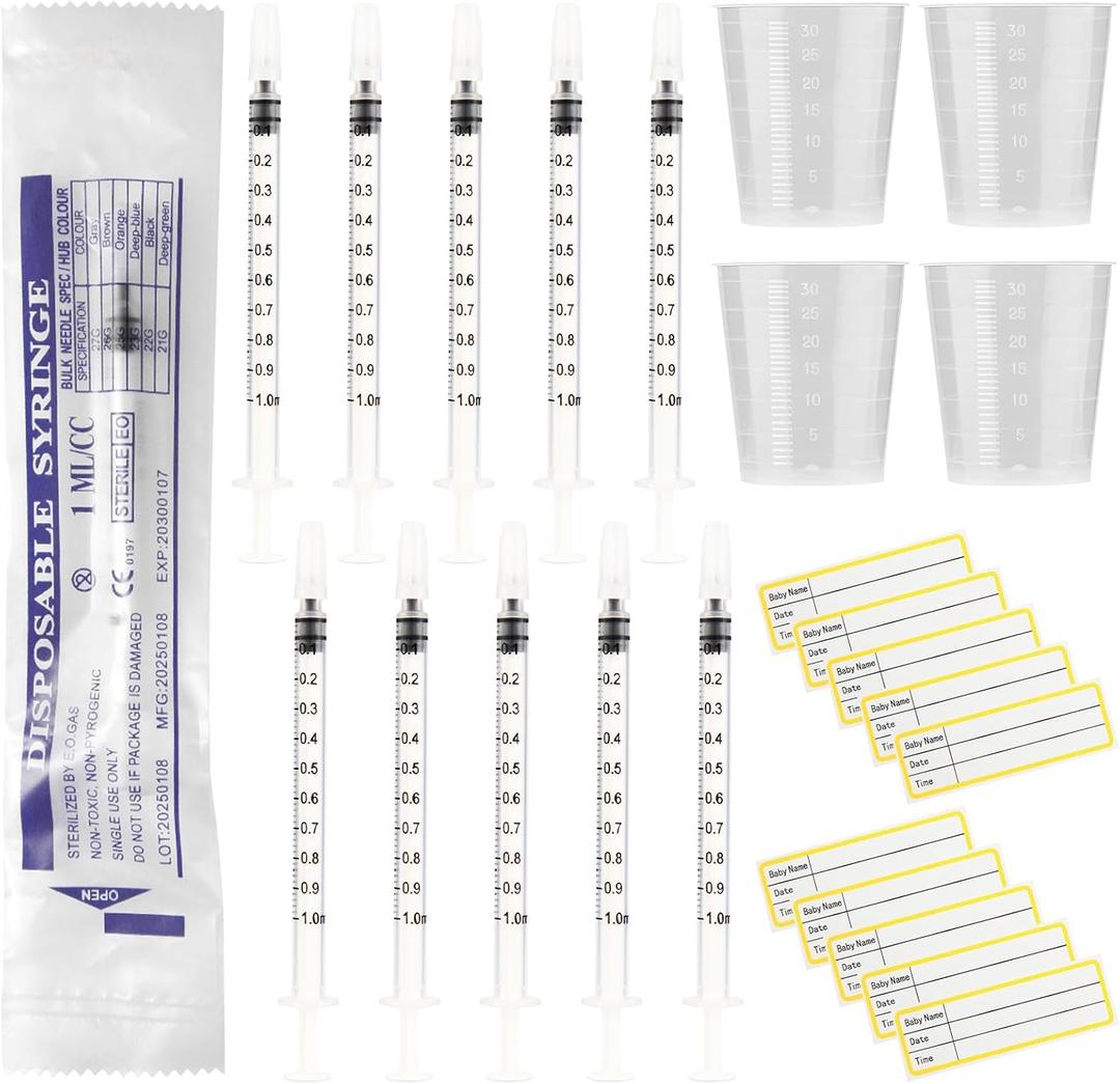 20 Sets 1ml Colostrum Syringes with Caps No Needle Syringe Colostrum Collector Kit Include 20pcs 1ml Sterile Syringes, 20 Labels and 4 Measuring Cups