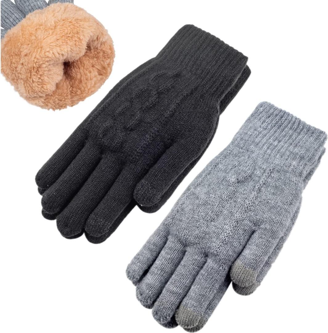 Women's Winter Warm Touch Screen Gloves Womens Thermal Cable Knit Wool Fleece Lined Gloves for Cold Weather (Black+grey)