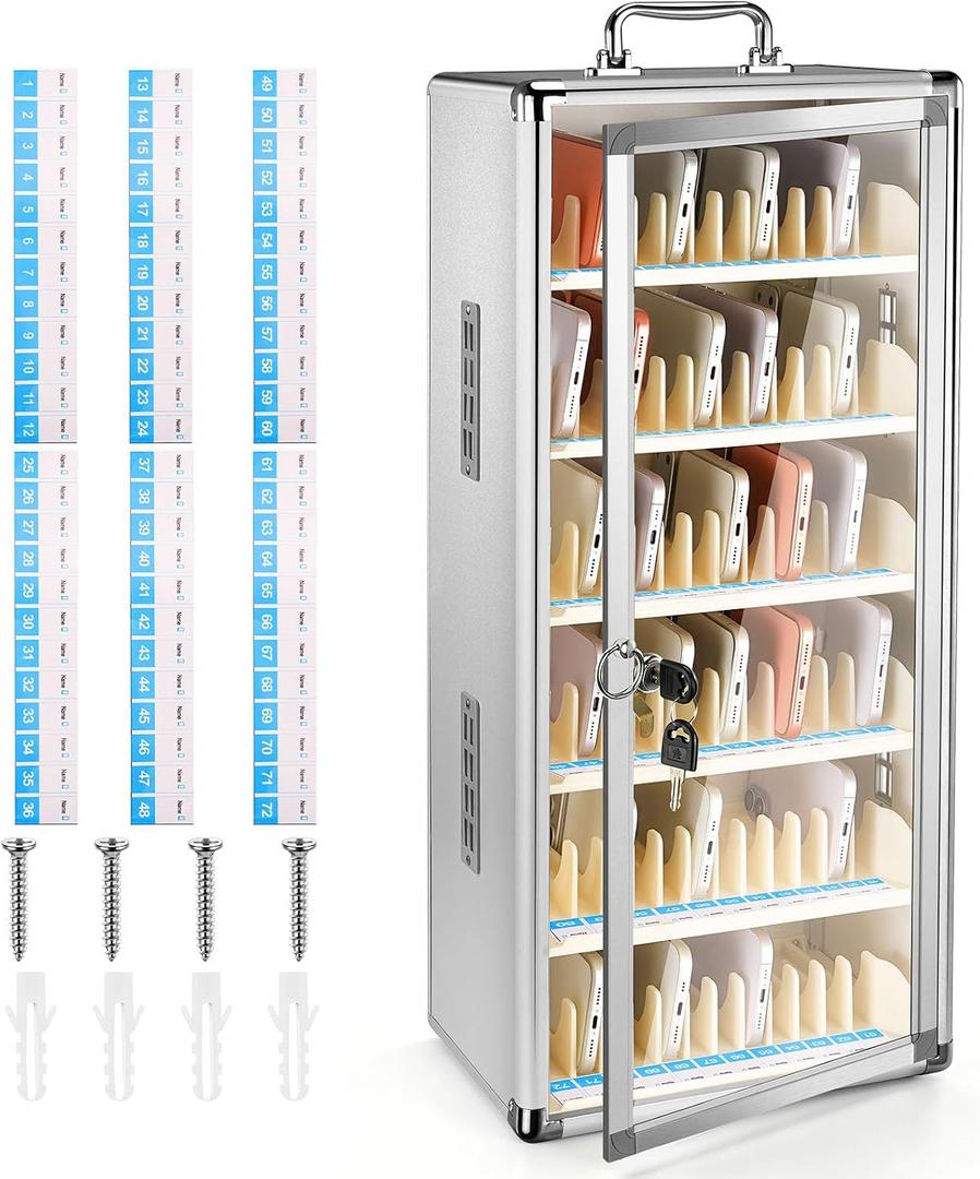 72 Slots Aluminum Alloy Pocket Chart Cell Phones Storage Cabinet Wall-Mounted Cell Phone Locker Phone Holder with Lock for Classroom, Can be Carried by Hand