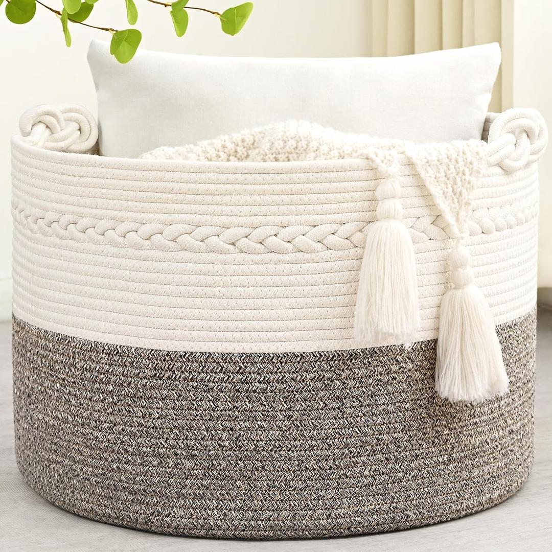 67L Large Blanket Basket, 20"x13" Woven Storage Baskets With Handle, Cotton Rope Blanket Basket Living Room, Baby Laundry hamper for Blanket, Nursery, Toy, Pillow (White & Grey)