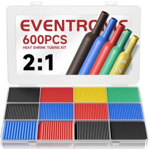 Eventronic 600PCS Heat Shrink Tubing 2:1, Electrical Wire Cable Wrap Assortment Electric Insulation Heat Shrink Tube Kit with Box(5 colors/12 Sizes), Black, Red, Blue, Yellow, Green | 5 Colors 12 Sizes, Easy To Use, Fast Shrink, Industrial Electrical Wire Cable Wrap Assortment Electric Insulation