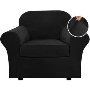 H.VERSAILTEX Rich Velvet Stretch 2 Piece Cover Chair Slipcover Sofa Cover Furniture Protector Couch Soft with Elastic Bottom Chair Couch Cover with Arms Width Up to 49 Inch(Chair, Black)