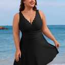 Charmo Women Plus Size Swimdress One Piece Swimsuit Ruched Tummy Control Bathing Suit Scalloped V Neck Flowy Swimwear (Black, XXL)