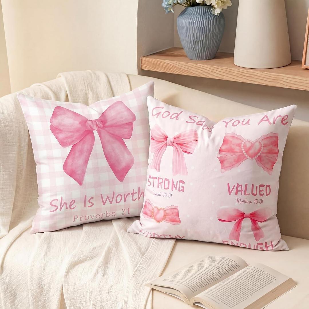 Unittype 2 Pcs Christian Pillow Covers 18x18, Pink Bow Bible Verse Decor