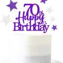 2 x Glittery 70th Happy Birthday Cake Topper with Star,Personalised 70 Birthday Cake Toppers Party Decorations Party Supplies for Men Women Purple Silver