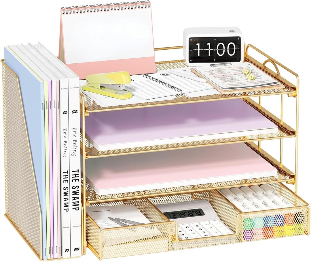 File Desk Organizers and Accessories - Paper Letter Tray Organizer with Removable File Holder+ Drawer, Office Desktop Workspace File Organizer for Office Supplies Desk Accessories(Gold) File Desk Organizers and Accessories - Paper Letter Tray Organizer with Removable File Holder+ Drawer, Office Desktop Workspace File Organizer for Office Supplies Desk Accessories(Gold)