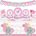 171 Pcs Elephant Theme Baby Shower Decorations for Girls It's a Girl Banners Pink Plate Napkins Cups Disposable Forks Tableware Tablecloth Set Elephant Decorations for Girl Birthday Party, Serves 24