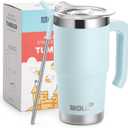Travel Coffee Mug with Handle 16 oz Stainless Steel Double Wall Vacuum Insulated Tumbler Cup with Lid and Straw (Baby Blue)