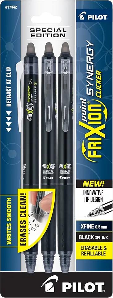 Pilot, FriXion Synergy Clicker Erasable, Refillable, Retractable Gel Ink Pens, Extra Fine Point 0.5 mm, Pack of 3, Black