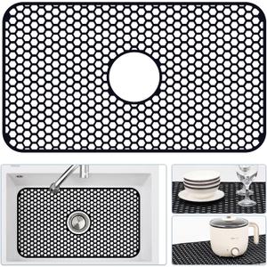 Bestjing Silicone Sink Protectors for Kitchen Sink with Center Drain, 26"x 14" Kitchen Grid Accessory, Non-Slip Heat-Resistant Mat for Bottom of Farmhouse Porcelain Stainless Steel (Center Hole,Black)