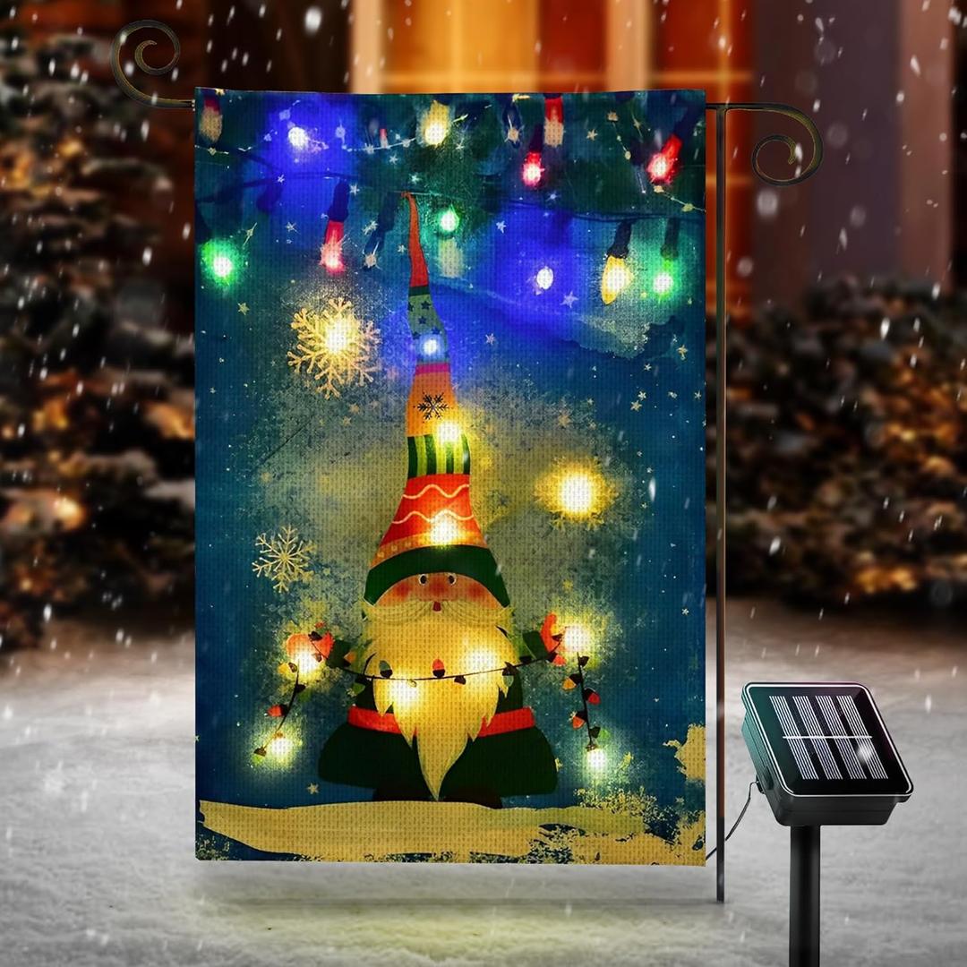 KatchOn, Solar Lighted Christmas Garden Flag - 12x18 Inch Double Sided, 8 Mode | Gnome Christmas Flag, Christmas Yard Flag for Outdoor Christmas Decorations | Gnome Lighted Flag, Christmas House Flags (Multicolor Cap Santa)