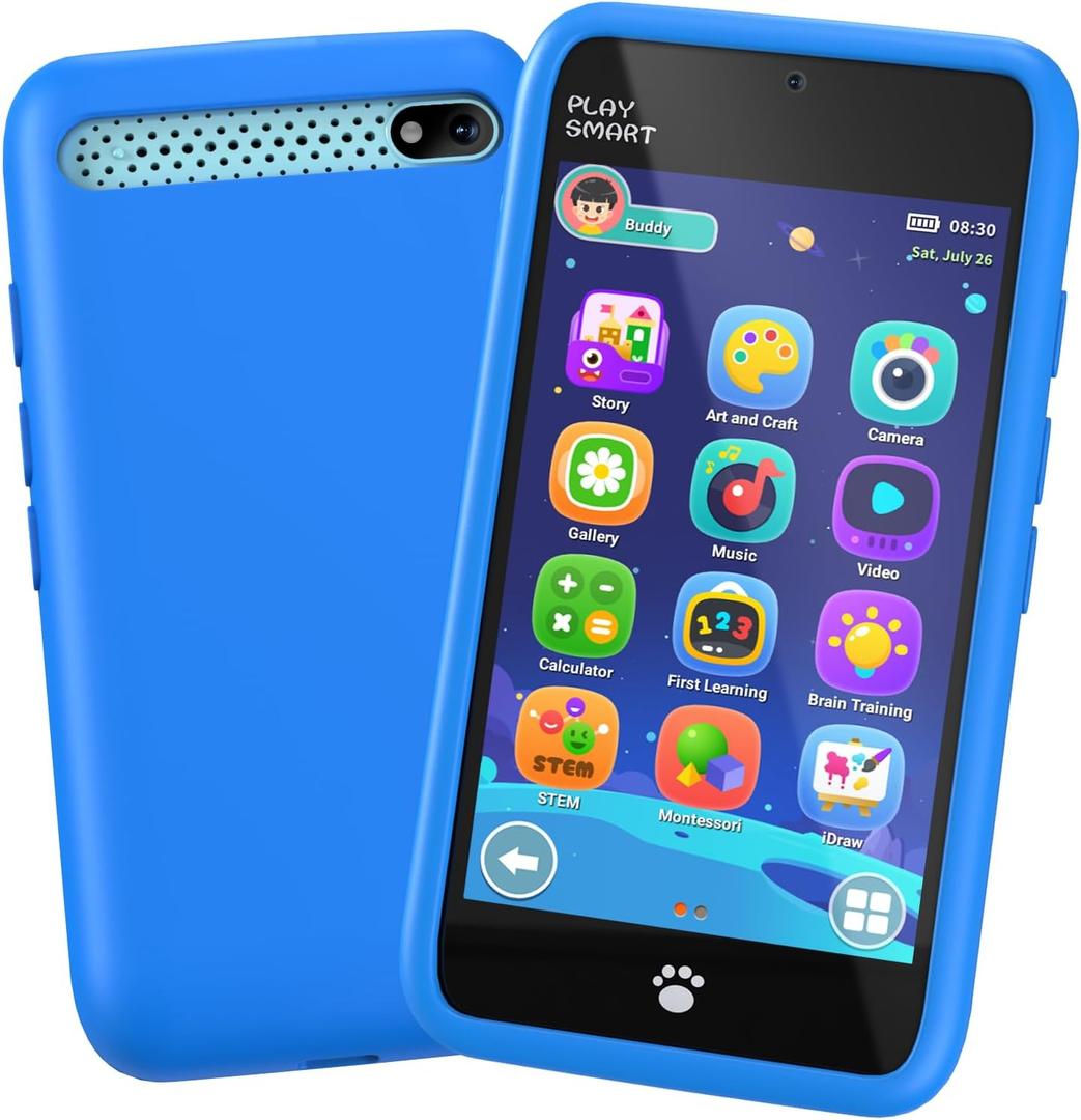 MOMILLA Kids Toys Smart Phone, 3.97" Screen Dual Cameras w/21 Stickers, Christmas Birthday Gifts for Kids, 16GB Toddler Learning Cell Phone with 200+ Puzzle Games, Boys Girls Toys Age 3-10 Year Old (Bright Blue)