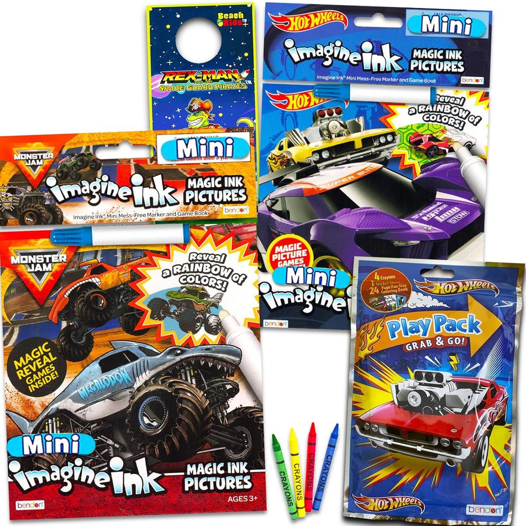 Monster Jam and Hot Wheels Magic Ink Coloring Book Set Kids Toddlers - Bundle with 2 Imagine Ink Coloring Books with Invisible Ink Pens, Racecar Stickers and Door Hanger