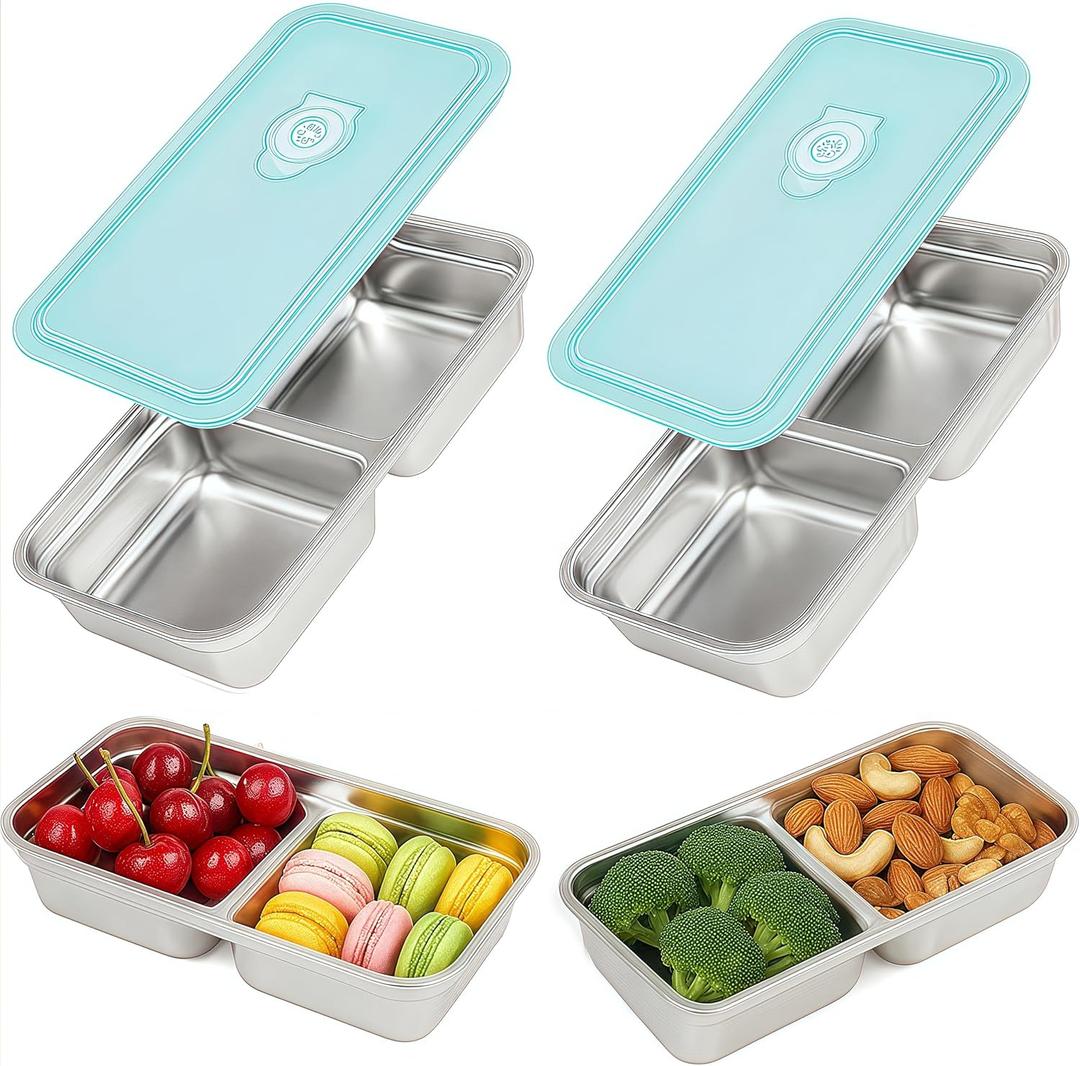 2Pcs 304 Stainless Steel Bento Boxes, 30 oz 2 Compartments Portable Food Storage Containers Snack Boxes with Leakproof Lids, Divided Meal Prep Lunch Box Food Container Dishwasher Safe