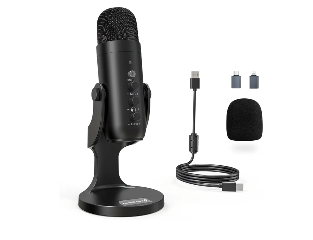 ZealSound Podcast Microphone for PC, Noise Cancellation USB Mic with Gain, Volume Adjustment & Mute Button, Monitoring & Echo, for YouTube, TikTok, Podcasting, Streaming, iPhone, iPad, Android, Mac