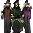 Haunted Hill Farm Life-Size Scary Talking 3 Witches with Cauldron Halloween Animatronic, Indoor or Covered Outdoor Poseable Halloween Decorations with Light up Eyes and Sound, Battery Operated