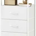 Somdot Nightstand with 3 Drawers, Dresser with Fabric Bins for Bedroom, Hallway, Entryway, Night Stand Bedside Table Furniture, Sturdy Steel Frame, Wooden Top, Easy Pull Fabric Bins, White Leather