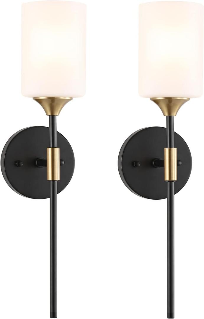 BYOLIIMA Industrial Mid Century Wall Sconce Set of 2 with White Cylinder Glass Shades Modern Bathroom Vanity Wall Lamp Black and Gold Finished Wall Light Fixture