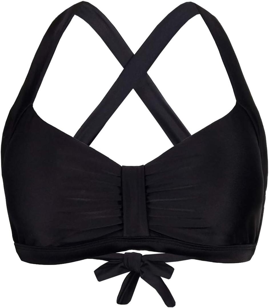 Women's Retro Printed Adjustable Thick Straps Cross Back Push Up Vintage Bikini Swimsuit Tops Only (10-12, Black)