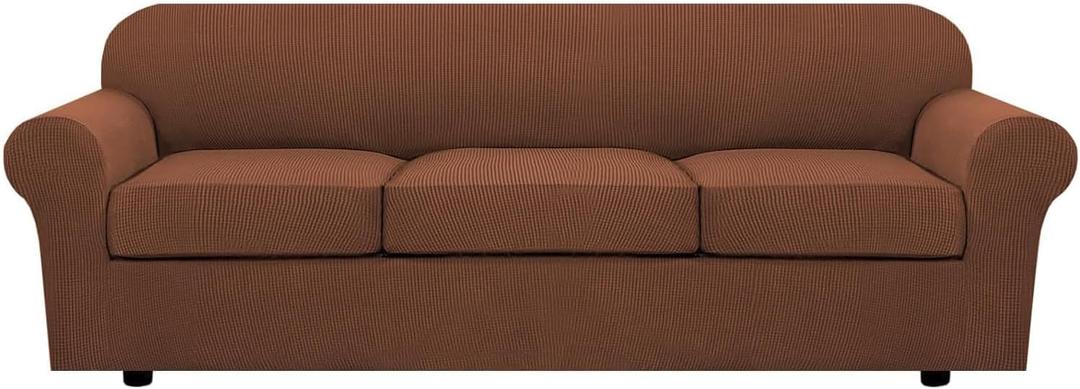 H.VERSAILTEX 4 Piece Stretch Sofa Covers for 3 Cushion Couch Covers for Living Room Furniture Slipcovers (Base Cover Plus 3 Seat Cushion Covers) Thicker Jacquard Fabric (Large Sofa, Caramel)