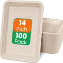 ECOLipak 100 Pack 14 Inch Disposable Food Crawfish Trays, Compostable Large Paper Plates, Disposable Thanksgiving Trays for Serving Food, Turkey, BBQ, Seafood Boil Party Supplies(Nature)