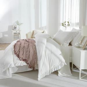 Brandream Duvet Cover Set King/Cal. King Size 100% Washed Cotton Linen Feel Super Soft Comfortable Chic Lightweight 3 PCs Home Ruffled Fringe Minimalist Bedding Set Solid White