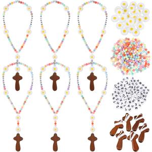 Liliaafar 436 Pcs Rosary Jewelry Making Kit DIY Catholic Rosary Prayer Making Supplies with Cross, Daisy Beads and Alphabet Beads First Communion Necklace Set for Easter Party Baptism Gift