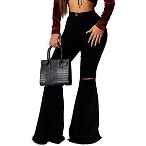 Bell Bottom Jeans for Women High Waisted Stretch Ripped Skinny Hole Classic Raw Hem Denim Flare Pants, XL