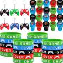 Aoriher 60 Pieces Video Game Party Favors Gifts Set Includes 20 Video Game Bracelets Wristbands 24 Stampers and 16 Handle Keychains for Party Supplies(Classic Style)