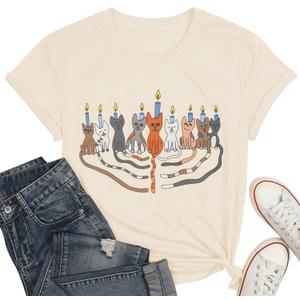 Hanukkah Shirts for Women Jewish Menorah T-Shirt Chanukkah Cat Tee Funny Cat Candle Tops L