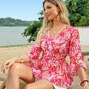 Timeson Women's 3/4 Sleeve Tops Dressy Casual V Neck Floral Blouses Elastic Waist Fall Shirts (Pink, XL)