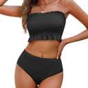 Tempt Me Women Bandeau High Waisted Bikini Sets Smocked Swimsuit Strapless Two Piece Bathing Suit, Small