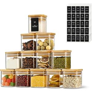 Pack of 12 Small Square Storage Jars with Stackable Square Wooden Lids, 150 ml Transparent Glass Storage Jars, Glass Containers with Lids and Labels for Various Spices, Cereal, Sweets