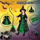 Poshetion Witch Halloween Costume for Girls - Light Up Toddler Witch Dress with Broom & Hat, Glow in the Dark for Wicked Parties (Green, Medium)