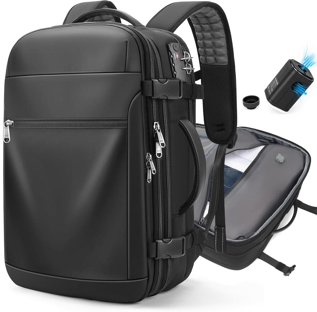 Vacuum Backpack Travel  Expandable Compression Carry On Backpack with Vacuum Pump, Water-Resistant TSA Lock Travel Bag, 17" Laptop Backpack for Men Women, Business Airplane Flight Luggage, Black