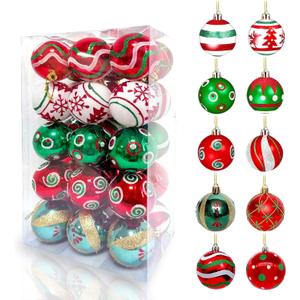 Christmas Ball Ornaments, 30 Pcs 2.36 Inch Red White Green Small Plastic Decorative Hanging Ornaments for Indoor Outdoor Christmas Tree Wreath Christmas Party Decorations Supplies - 10 Patterns