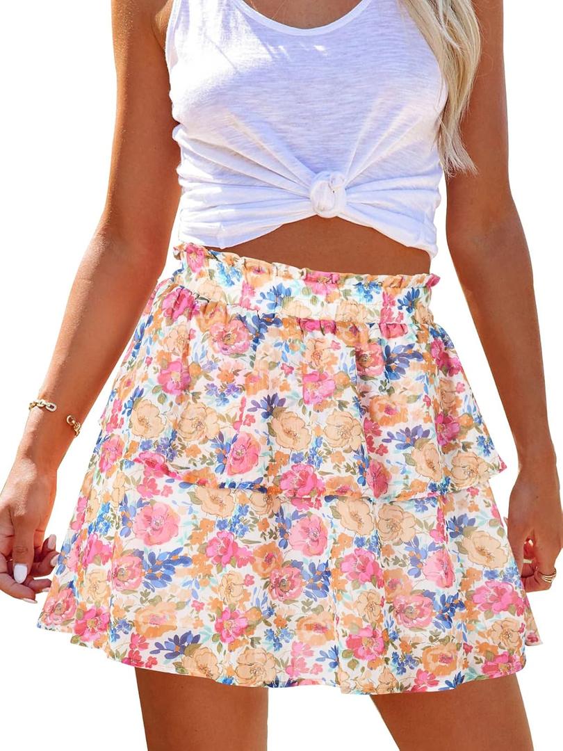 Womens Flowy Shorts Floral Boho Casual Ruffle Skorts High Waist Summer Tennis Running Mini Skirts Chiffon Shorts (L)