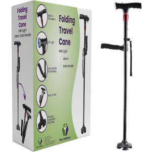 Smart Walking Cane with LED Light - Foldable, Adjustable Cane with Flashlight & Alarm for Seniors, Men & Women - Self Standing Tripod Cane - Collapsible Travel Support Stick, 1 Count