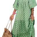 Women Loose Dress Geometric Printed Bubble Sleeve Dress Long Skirt (XX-Large)