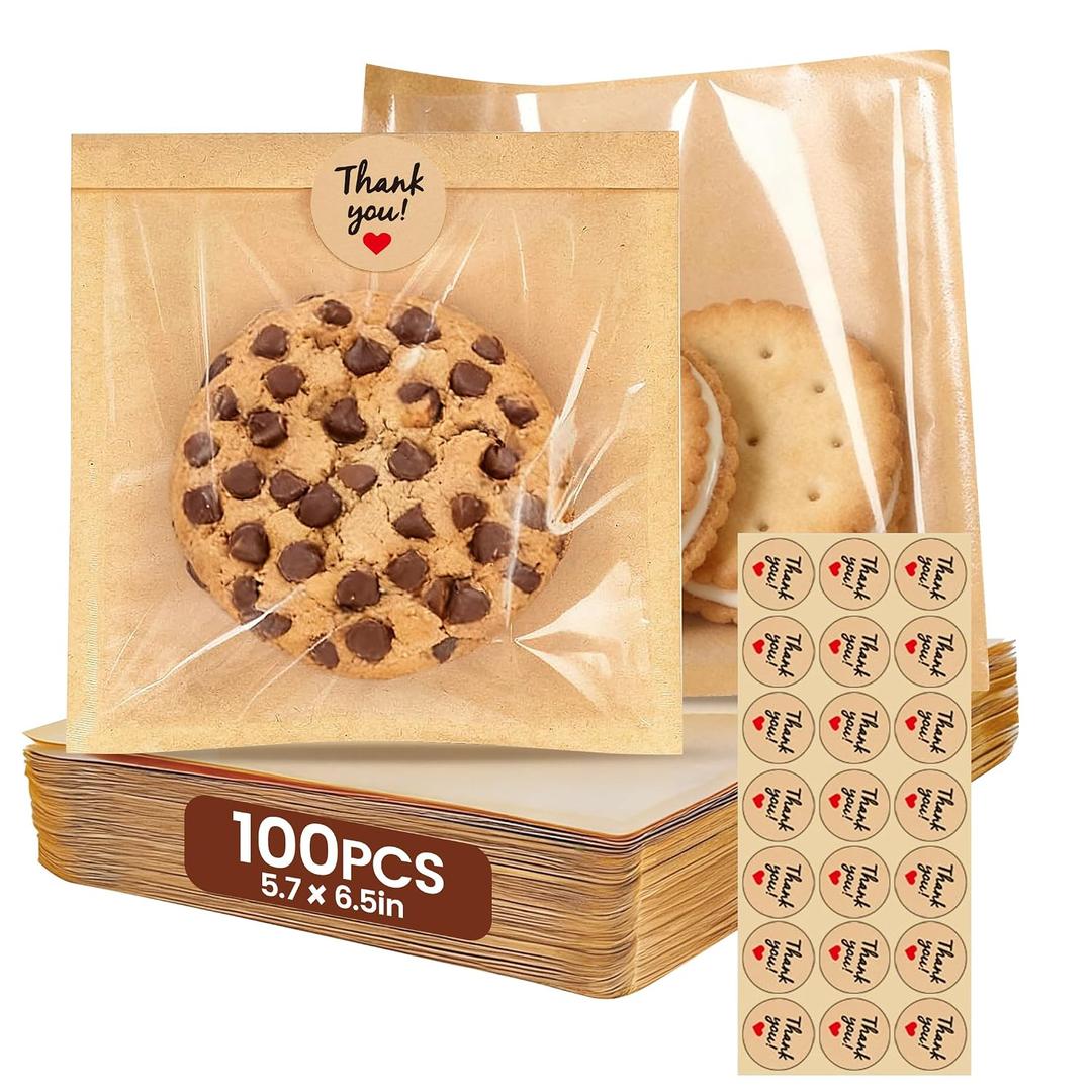 100 Pack Cookie Bags, Window Paper Bags with Thank You Stickers, 5.7 x 6.5 Inch, Oil-Proof Leak-Proof Individually Heat-sealable Kraft Paper Baking Bags for Biscuits, Snacks, Candies, Baked Goods