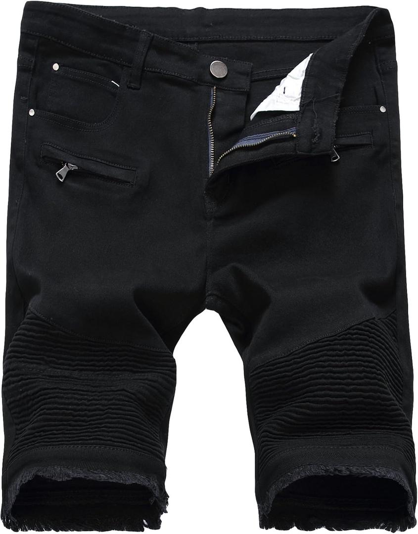 Enrica Men's Ripped Distressed Slim Fit Holes Denim Shorts (Black)